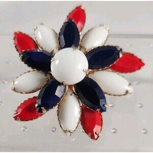 Vintage Prong Set Red White Blue Glass Flower Brooch Patriotic Americana